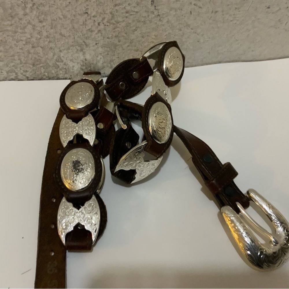 Vintage Tony Lama Western USA Brown Leather Silver Conchos Belt Women's Size 36 - Picture 2 of 7